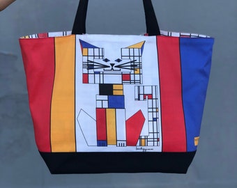 Artist Cat Totes- Piet Mondrian- Cat Art Tote Series- Cat Art by beckyzimm- beckyzimmdesign