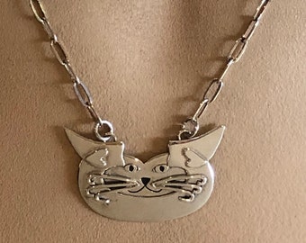 C-Cat Sterling silver necklace- Cat Face- Cat Eyes- Cat art- by beckyzimm design