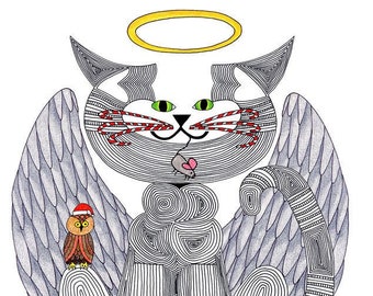 Cat Angel- Christmas Cat Card- Cat Art Card- Angel Cat- Cat Art- Cat Illustration- Cat Drawing- Cat Lover- Crazy Cat Lady- by beckyzimm