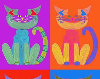 Cat Art Cards- Andy Warhol 5x7 Card- Pop Art- Whimsical Cat Art- by beckyzimm