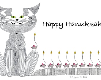 Hanukkah Card- Cat Card- Greeting Card- Cat Art Cards- Menorah- Holiday Card- Whimsical Cat Art- by beckyzimm