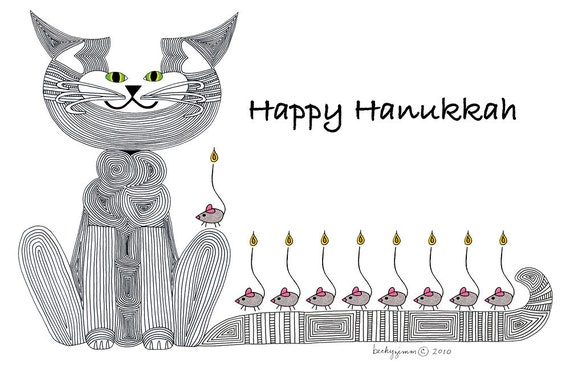 Hanukkah Card- Carta d'auguri- Carte d'Arte Gatto- Menorah- Carta...