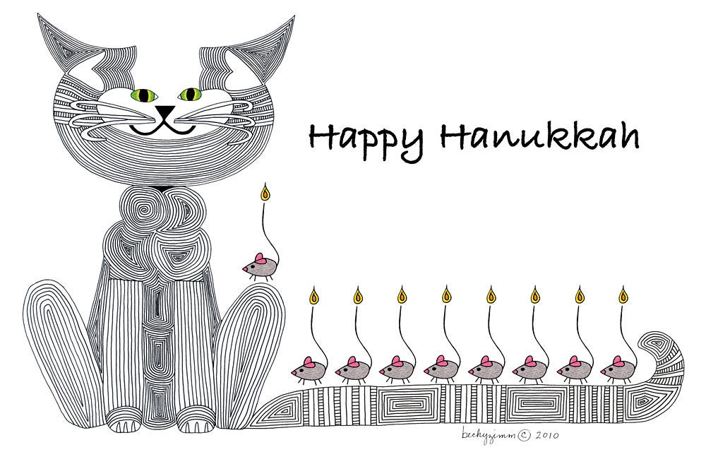 Hanukkah Card- Cat Card- Greeting Card- Cat Art Cards- Menorah- Holid…