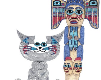 Cat Art Cards- Cat Totem- Whimsical Cat Art- State of Alaska- by beckyzimm