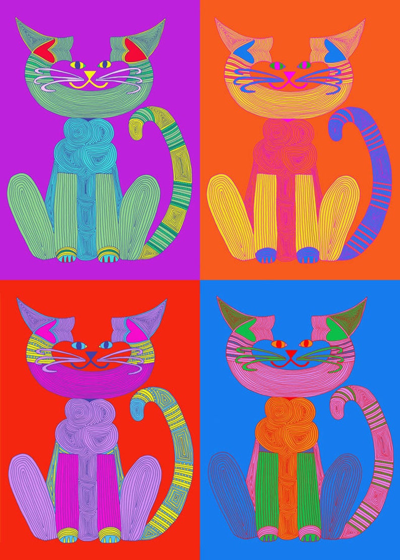 Cat Art Cards Andy Warhol 5x7 Card Pop Art Whimsical Cat Art by beckyzimm image 1