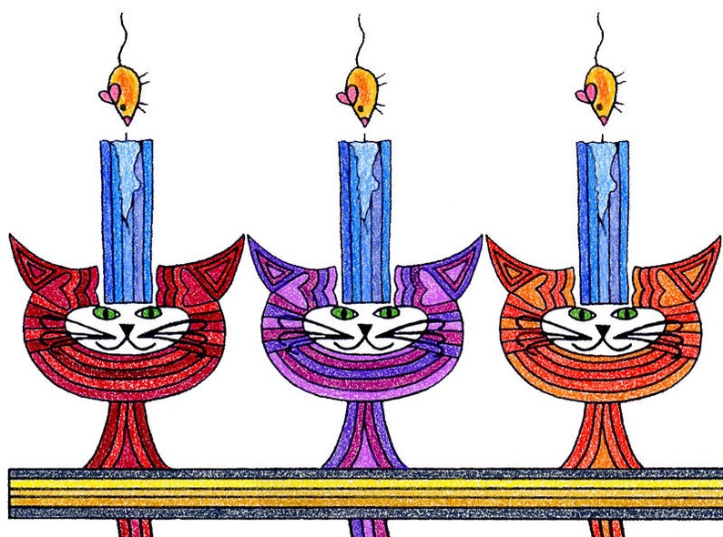 Hanukkah Card Cat Card Greeting Card Cat Art Cards Whimsical Cat and