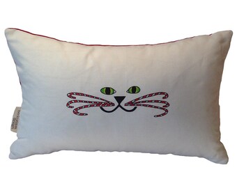 Candy Cane Kitty Face Pillow- Christmas Cat Pillow- Cat Face Pillow- Cat Face Lumbar Pillow- by beckyzimmdesign