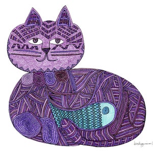 Cat Art Cards-Fishbelly Yarn Cat 5x7 Card by beckyzimm image 1