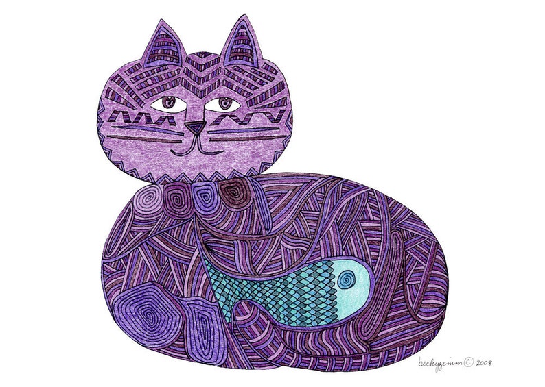 Cat Art Cards-Fishbelly Yarn Cat 5x7 Card by beckyzimm image 1