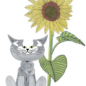 Cat Art Cards Whimsical Cat Art State of Kansas Sunflower painting by beckyzimm image 1