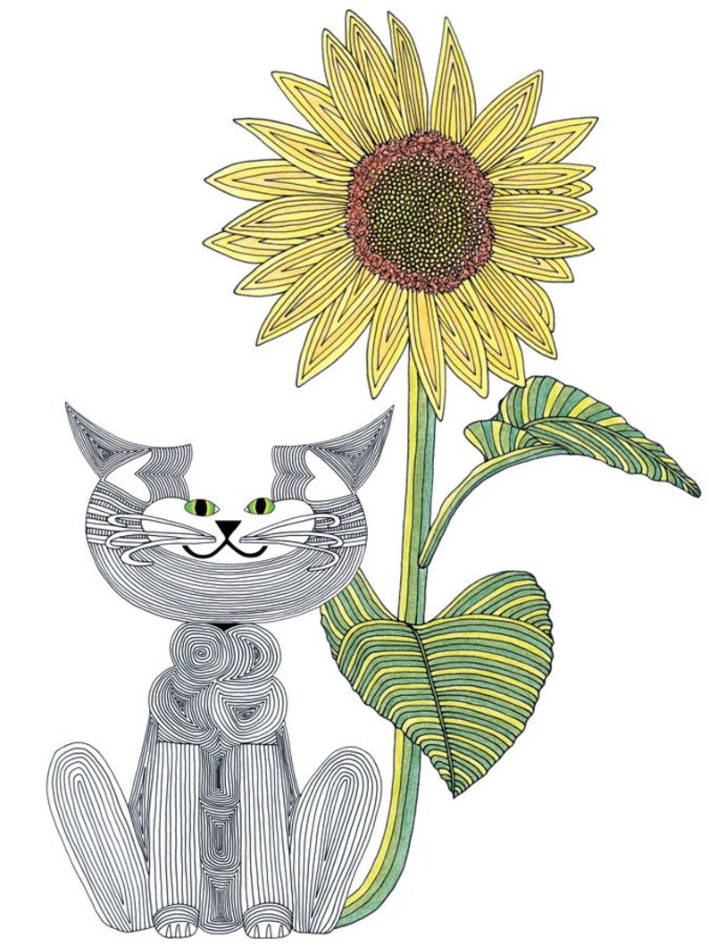 Cat Art Cards Whimsical Cat Art State of Kansas Sunflower painting by beckyzimm image 1