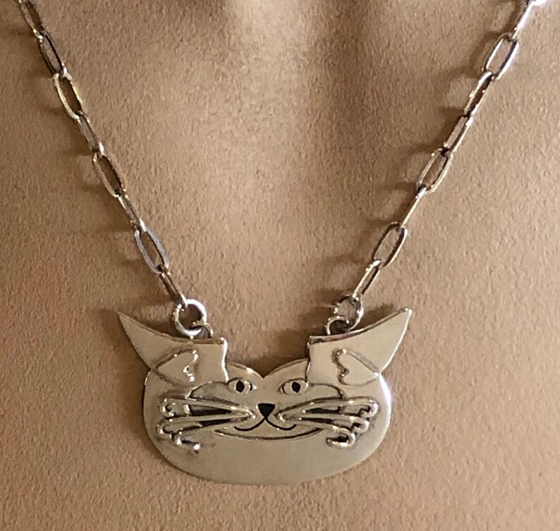 C-Cat Sterling silver necklace Cat Face Cat Eyes Cat art by beckyzimm design image 1