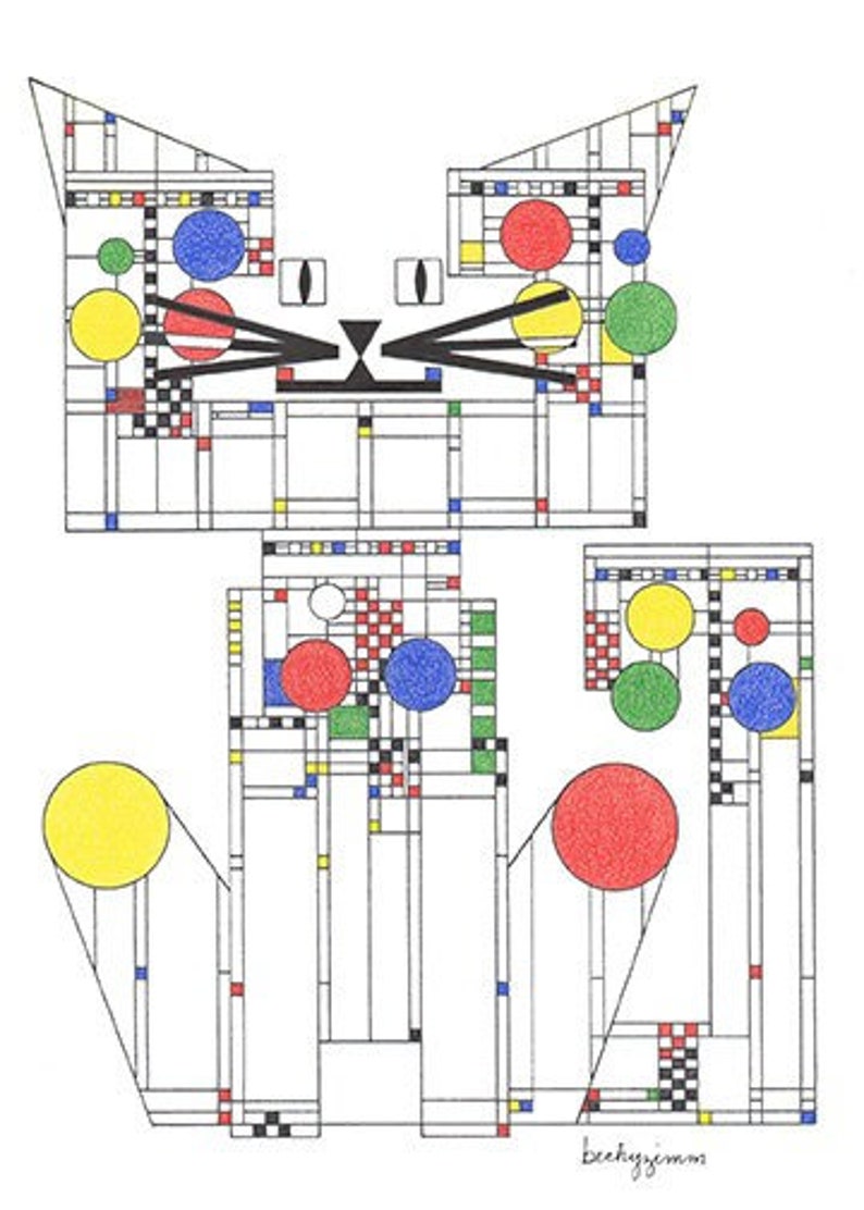 Cat Art Cards Frank Lloyd Wright Art 5x7 Card Original Art by beckyzimm afbeelding 1