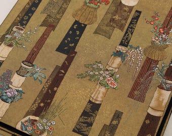 Vintage Japanese Silk Fukuro Obi – Golden with Woven Various Japanese Floral Arrangements and Vases