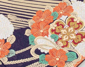 Vintage Japanese Silk Fukuro Obi – Navy Blue with Flower Kusudama Motif Kimono Belt