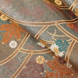 Vintage Japanese Silk Fukuro Obi – Gold Floral Pattern Kimono Belt