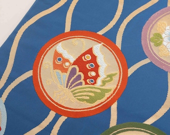 Vintage Japanese Silk Fukuro Obi – Light Blue with Woven Tatewaku and Round Motif Kimono Belt