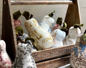 Vintage Toile Fabric Pear – Handmade Textile Decor, Pin Cushion