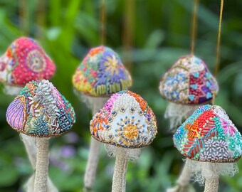 Crazy Quilt Mushroom ~ Vintage Textile Mushrooms~ Hand Beaded~Crazy Quilt Ornaments~ handmade fungi