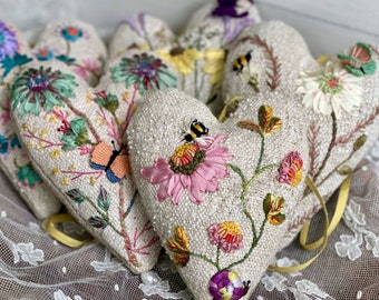 Antique Grain Sack Lavender Sachet~ Heart Sachet~ Spring Flowers Heart Sachet~ Embroidered Heart Sachet~ Hanging Sachet