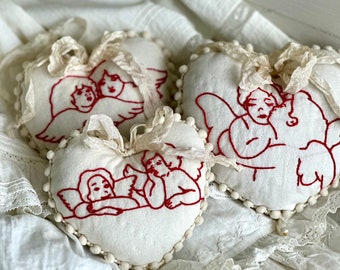Vintage Red Work Lavender Heart Hanging Sachet ~ Cherubs