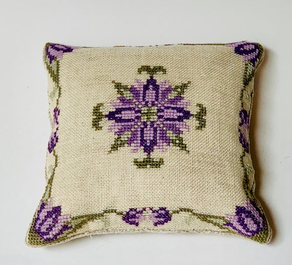 Fragrant Lavender Sachet Made of a Silk Striped Pastel Fabric Wrapped with a Satin Pastel Violet Ribbon and Secured with a Violet Button