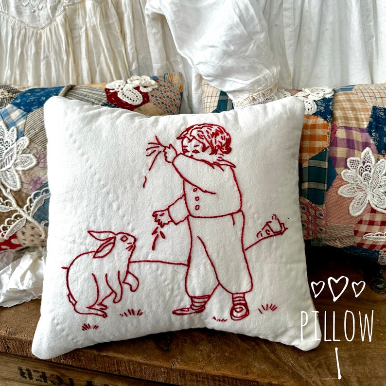 Vintage Red Work Embroidery and Vintage Quilt Easter Accent Pillow Bunny Pillow Lavender Bonus image 2
