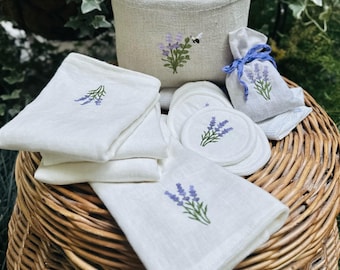 Embroidered Linen Storage Basket with Lavender – Spa Set, Washcloths, Rounds