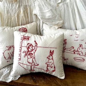 Vintage Red Work Embroidery and Vintage Quilt Easter Accent Pillow Bunny Pillow Lavender Bonus image 1