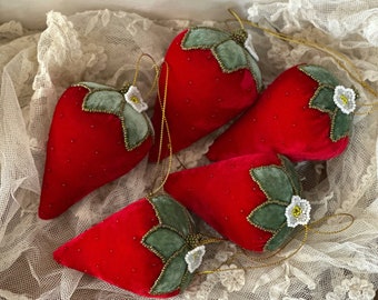 Hand Beaded Silk Velvet Strawberry Ornaments