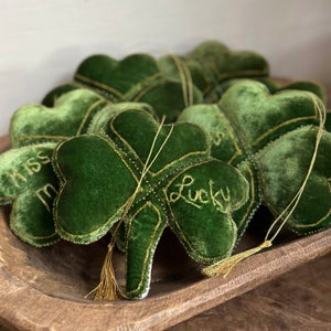 Saint Patrick’s Day Bowl Filler/Shelf Tucks~ Shamrocks~Silk Velvet and Antique Linen Shamrocks