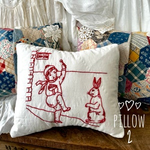 Vintage Red Work Embroidery and Vintage Quilt Easter Accent Pillow Bunny Pillow Lavender Bonus image 4