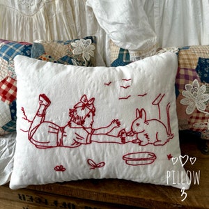 Vintage Red Work Embroidery and Vintage Quilt Easter Accent Pillow Bunny Pillow Lavender Bonus image 6