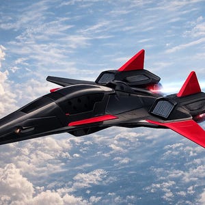 May include: A sleek black fighter jet with vibrant red wing accents and vertical stabilizers, featuring a pointed nose cone and a dark cockpit canopy, flying through a bright blue sky filled with white clouds with glowing engine exhaust trails.