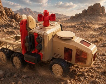 May include: A tan six-wheeled toy truck featuring a red turret mounted on the roof, a flatbed cargo area, and a cabin with orange-tinted windows. The vehicle has black tires and red mechanical accents, positioned on a rocky, dusty terrain.