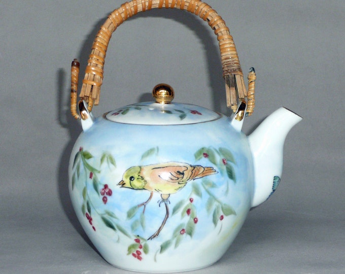 Hand Painted Blue Bird Teapot Etsy