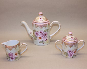 Pink Roses and Gold Filigree Tea Set