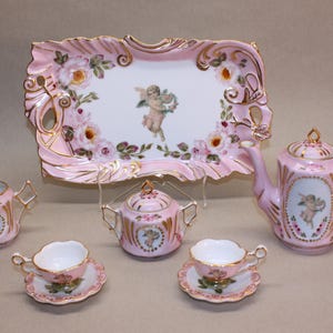Angel and Pink Rose Child&#39;s Rococo Tea Set