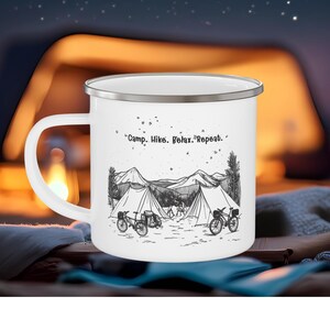 Adventure Begins Enamel Camping Mug | Ideal for Nature Lovers, Outdoor Enthusiasts, Travel Gifts, Camping Accessories, Unique Coffee Mug