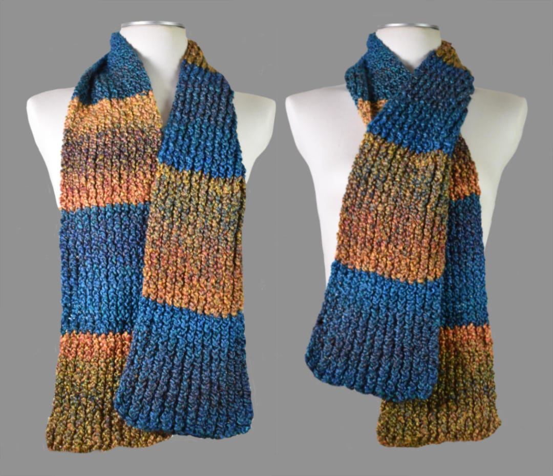 Hand Knitted Double Knit Scarf, Painterly Orange Green Blue - Etsy