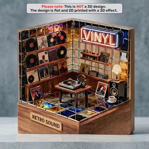 May include: A miniature retro vinyl record store diorama with a neon "VINYL" sign. The wooden structure features shelves with records, a turntable, headphones, and a speaker. The base has "RETRO SOUND" text.