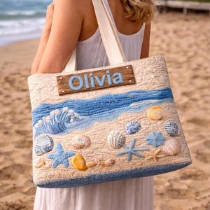 Custom Beach Quilt Tote Bag, Sea Ocean Beach Quilted Patchwork, Vintage Marine Life Creature Bag Aesthetic Gifts, Summer Tote Bag