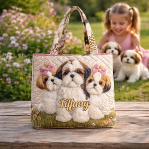 Borsa tote trapuntata personalizzata con Shih Tzu, borsa a tracolla personalizzata per amanti dei cani, borsa tote con cucciolo carino, borsa per la spesa riutilizzabile, regalo per la mamma di uno Shih Tzu
