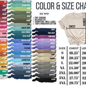 Peut inclure: Tableau des couleurs et des tailles pour t-shirts, pr&eacute;sentant une vari&eacute;t&eacute; de couleurs et de mesures de tailles. Le tableau comprend les mesures de la poitrine et de la longueur en centim&egrave;tres pour les tailles S &agrave; 4XL. Le texte "CC 1717" est &eacute;galement visible.