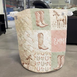 Personalized Cowgirl Boots Horse Laundry Basket, Custom Name Western Hamper, Rustic Farm Girl Decor, Kids Room Storage Bin Gift