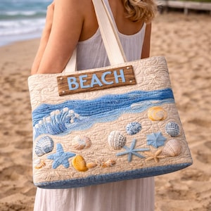 Custom Beach Quilt Tote Bag, Sea Ocean Beach Quilted Patchwork, Vintage Marine Life Creature Bag Aesthetic Gifts, Summer Tote Bag