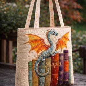 May include: Cream-colored tote bag with a quilted design. The bag features a blue dragon with orange wings perched on a stack of colorful books. The word "Shopia" is printed on the books. The bag has cream-colored handles.