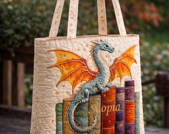 Custom Bookish Dragon Quilted Tote Bag, Handmade Patchwork Fabric Shoulder Bag, Gifts to Book Lovers, Dragon Read Book Lovers, Book Guardian