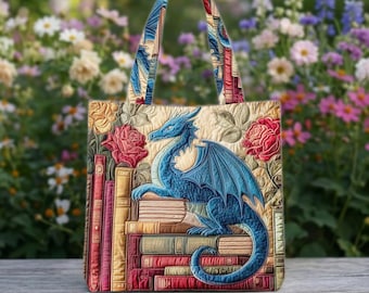 Bookworm Dragon Quilted Tote Bag, Cute Reading Dragon Bag, Book Lover Gift, Fantasy Aesthetic Tote, Library Bookish Bag, Book Guardian Bag