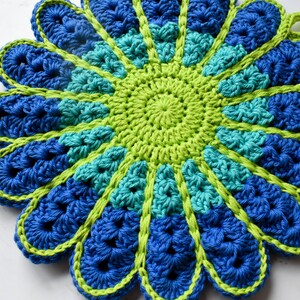 May include: A crocheted flower-shaped pot holder in shades of blue and green. The center of the pot holder is a green circle with a blue border. The outer edges of the pot holder are blue with a green border.
